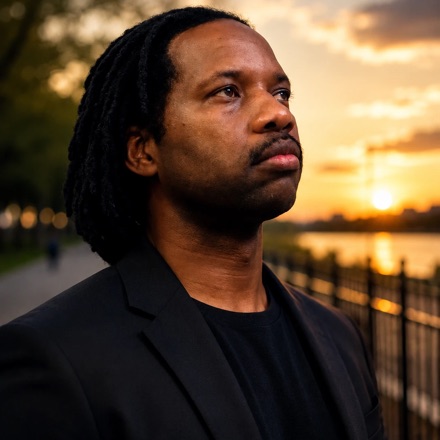 Portrait of Abdulai Jawo Bah, founder of Thematica AI, in a dark blazer, looking up at a sunset over a waterfront